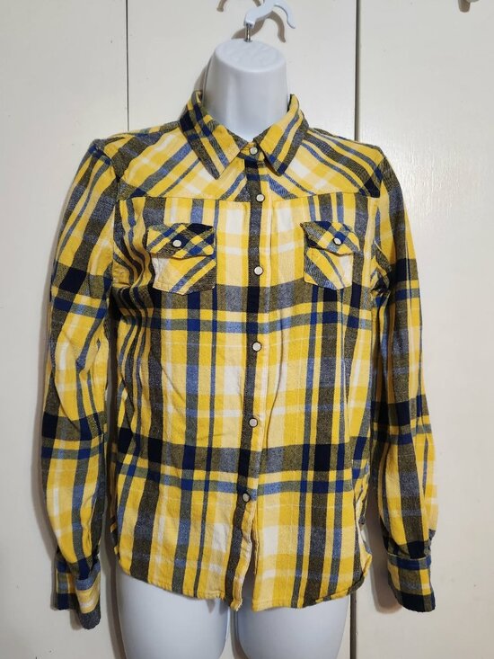 Mossimo Supply Co. Tops - Mossimo Juniors Large Yellow Blue Plaid Flannel Shirt Western Pearl Snap Cowgirl